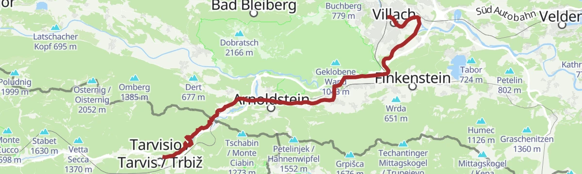 Route map: Ciclovia Alpe-Adria Radweg 5. Etappe: Villach-Tarvis